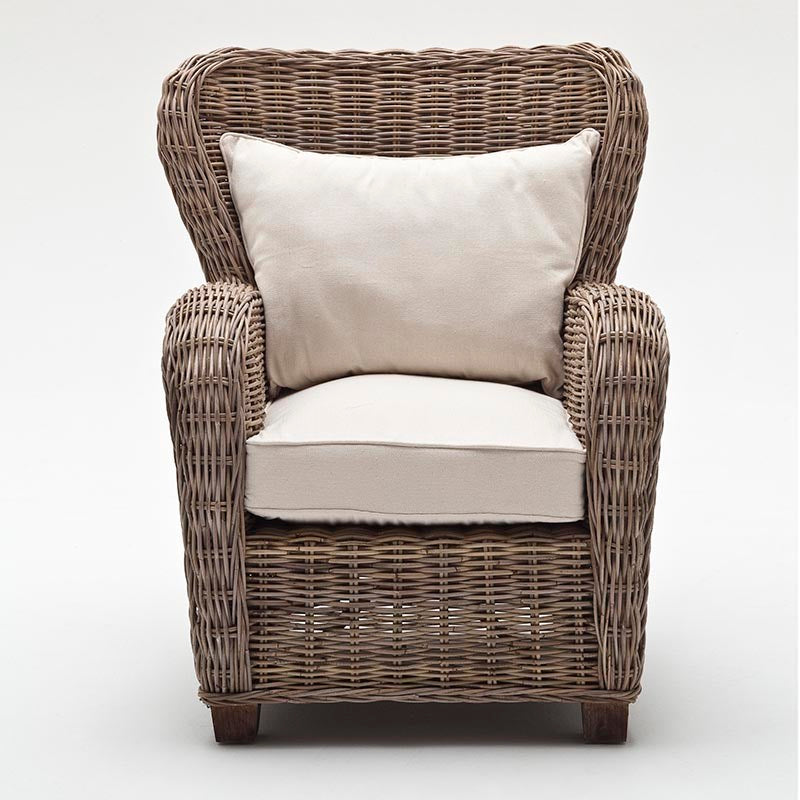 WickerWorks Queen hand braided armchair in natural rattan with cushions