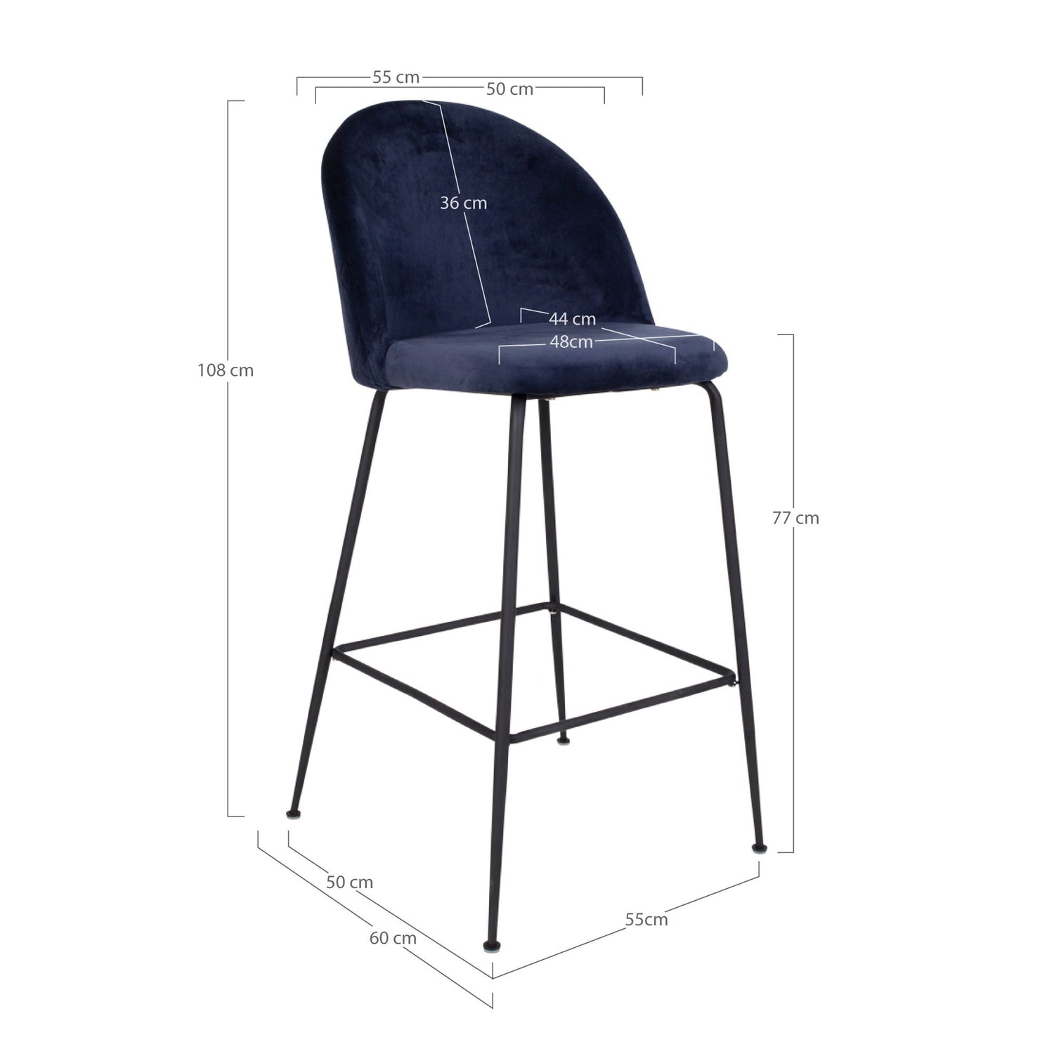 Lausanne bare chair - bar stool in velor, blue with black legs, HN1205