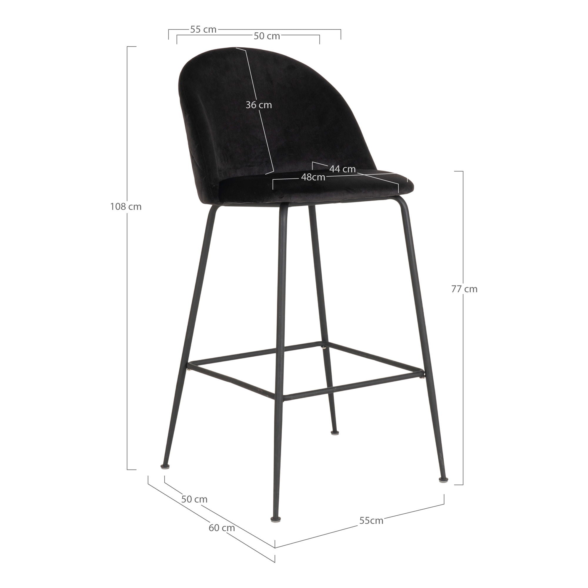 Lausanne bare chair - bar stool in velor, black with black legs, HN1207