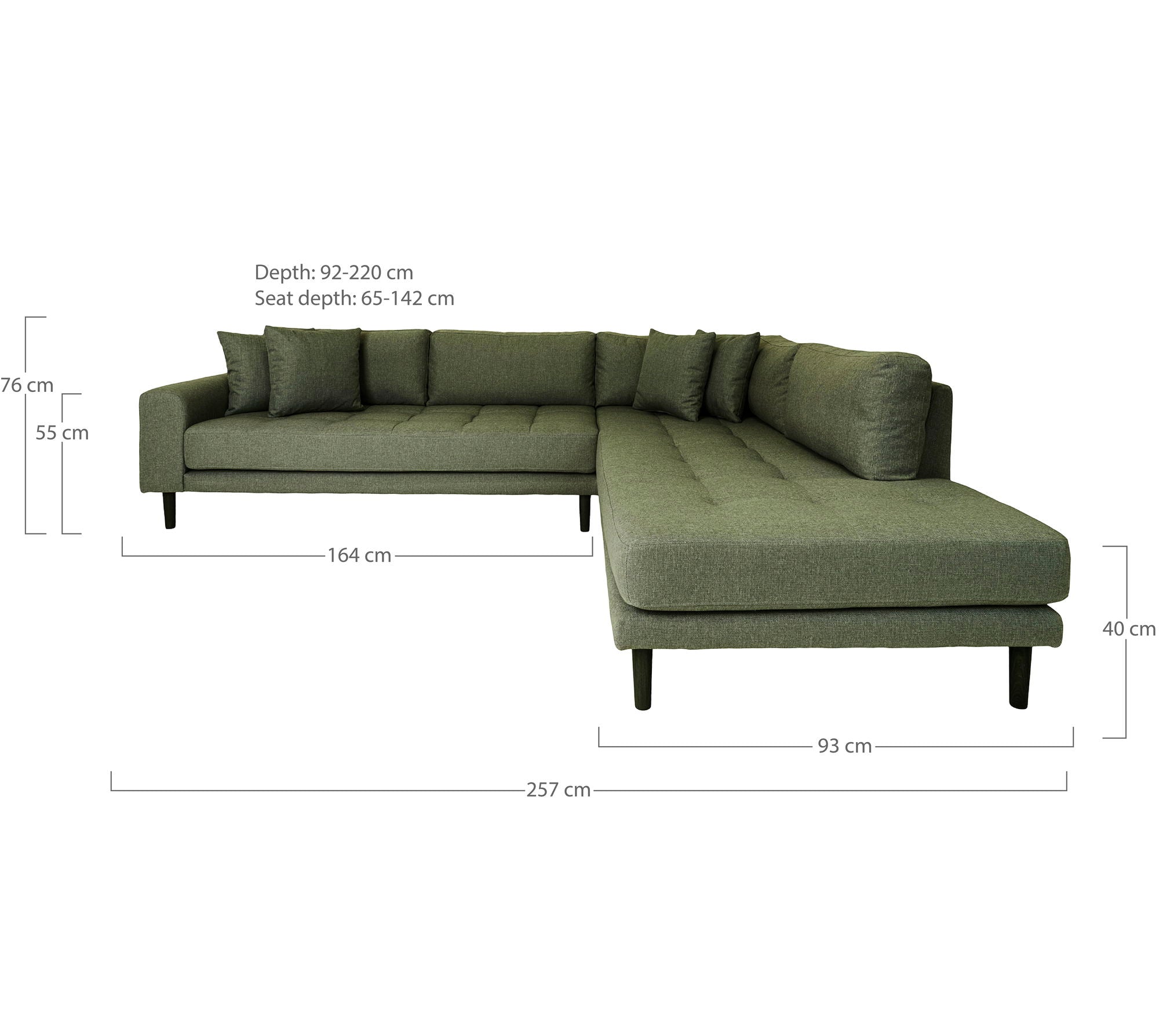 Lido Corner sofa Open End - Corner sofa Open end, right -wing in olive green with four pillows and black wooden legs, HN1020