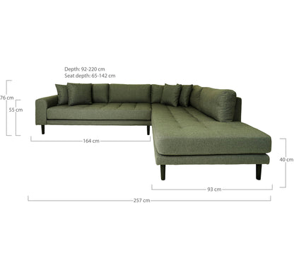 Lido Corner sofa Open End - Corner sofa Open end, right -wing in olive green with four pillows and black wooden legs, HN1020