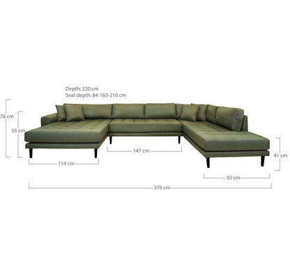 Lido U-Sofa Open End-U-sofa Open End, left-wing in olive green with four pillows and black wooden legs, HN1020