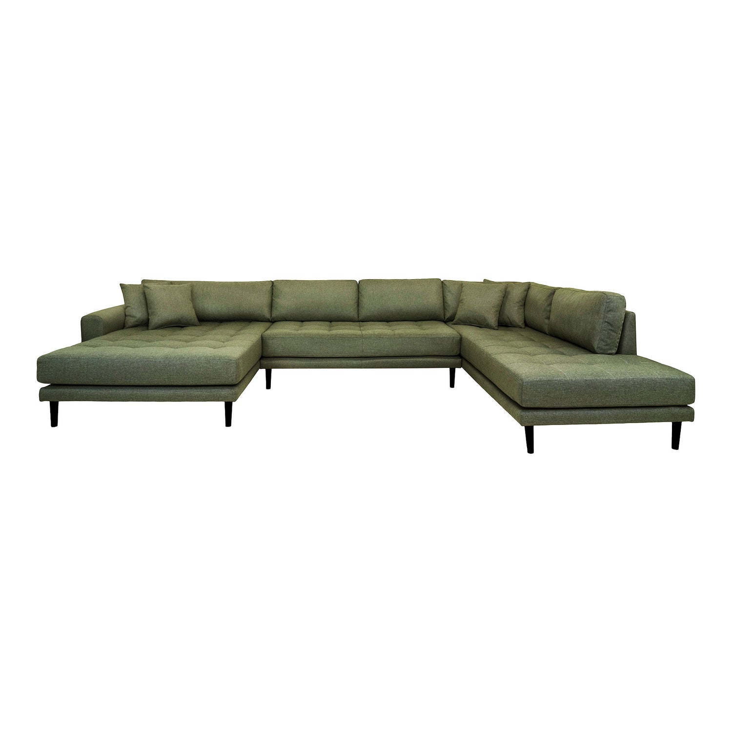 Lido U-Sofa Open End-U-sofa Open End, left-wing in olive green with four pillows and black wooden legs, HN1020