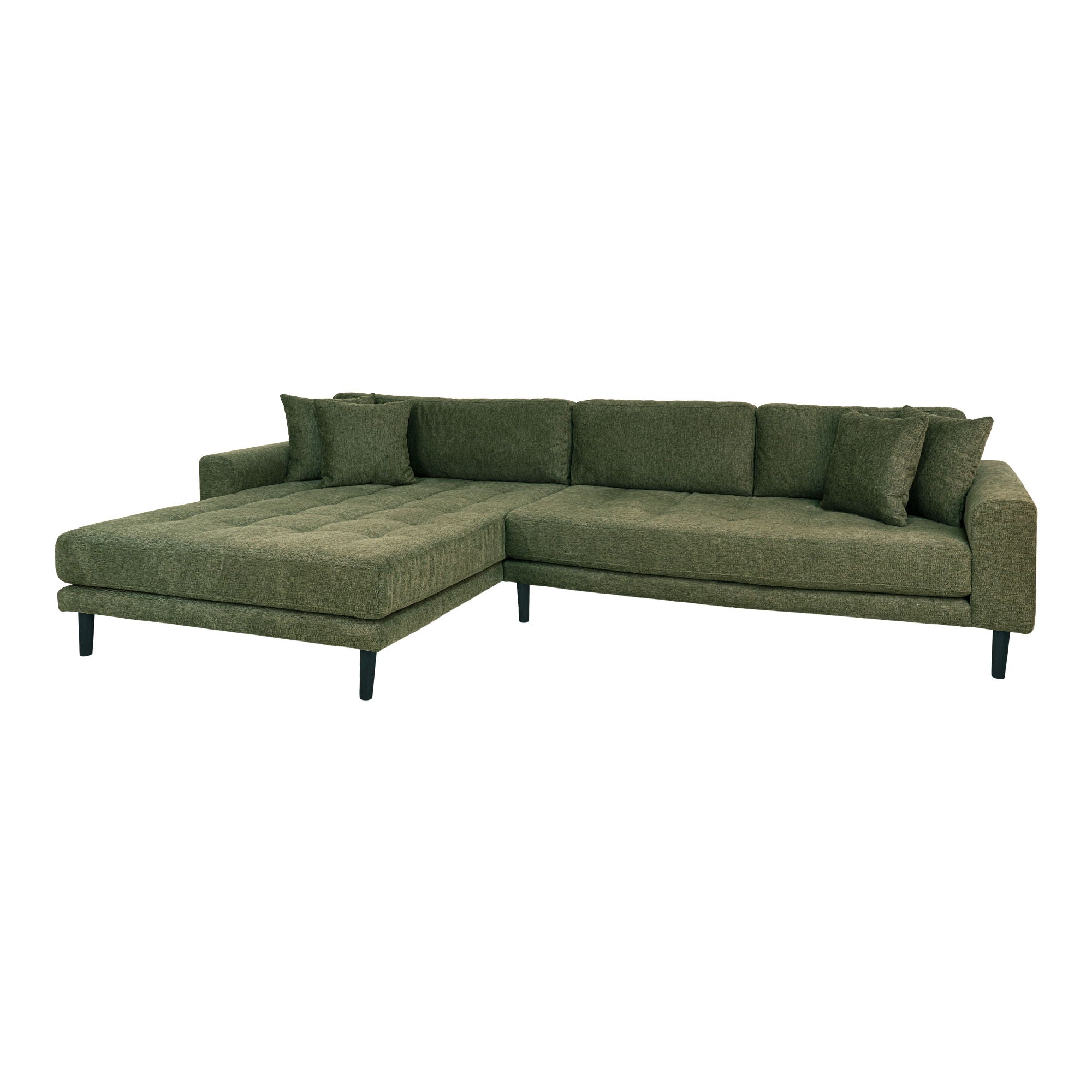 Lido Lounge Sofa - Lounge sofa, left -wing in olive green with four pillows and black wooden legs, HN1020