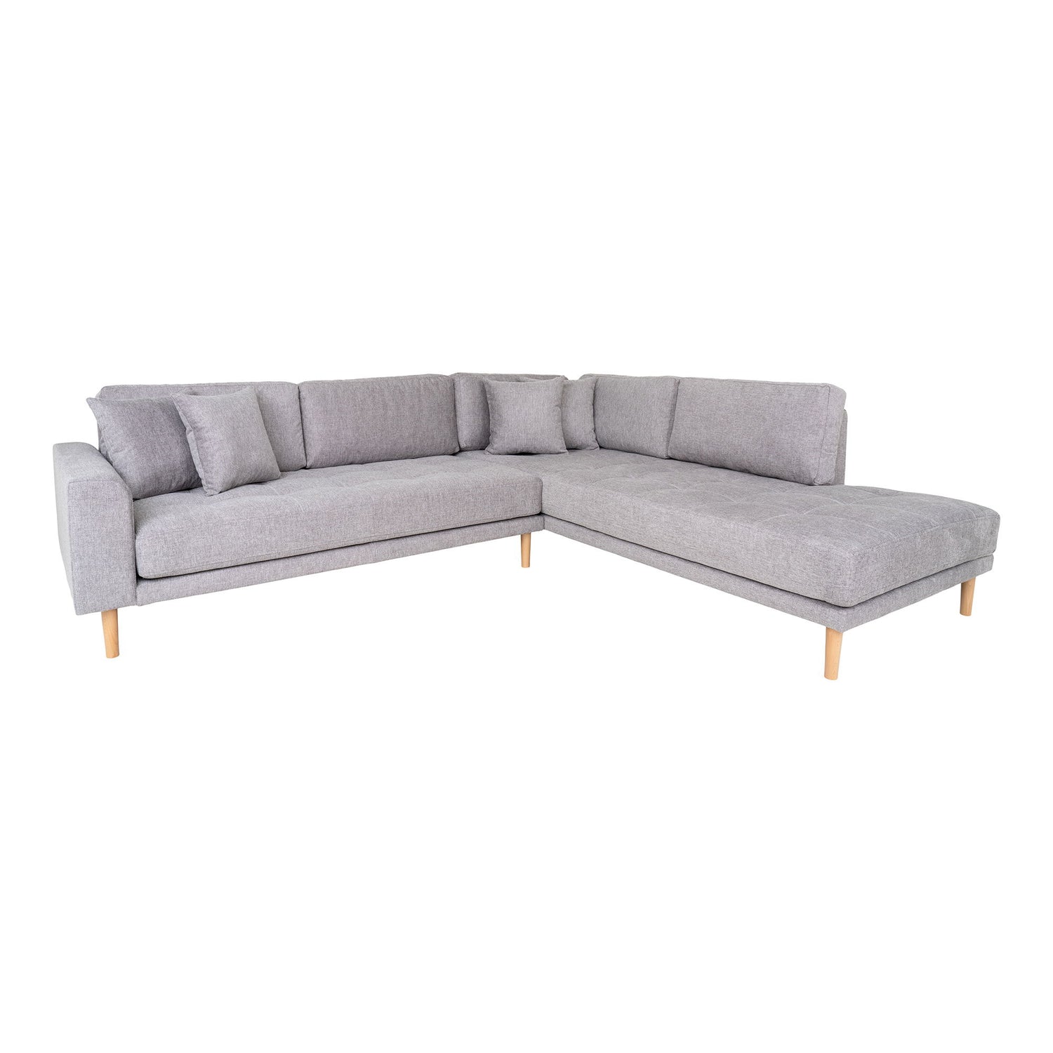 Lido Corner sofa Open End - Corner sofa Open End, right -wing in light gray with four pillows and nature wooden legs, HN1040