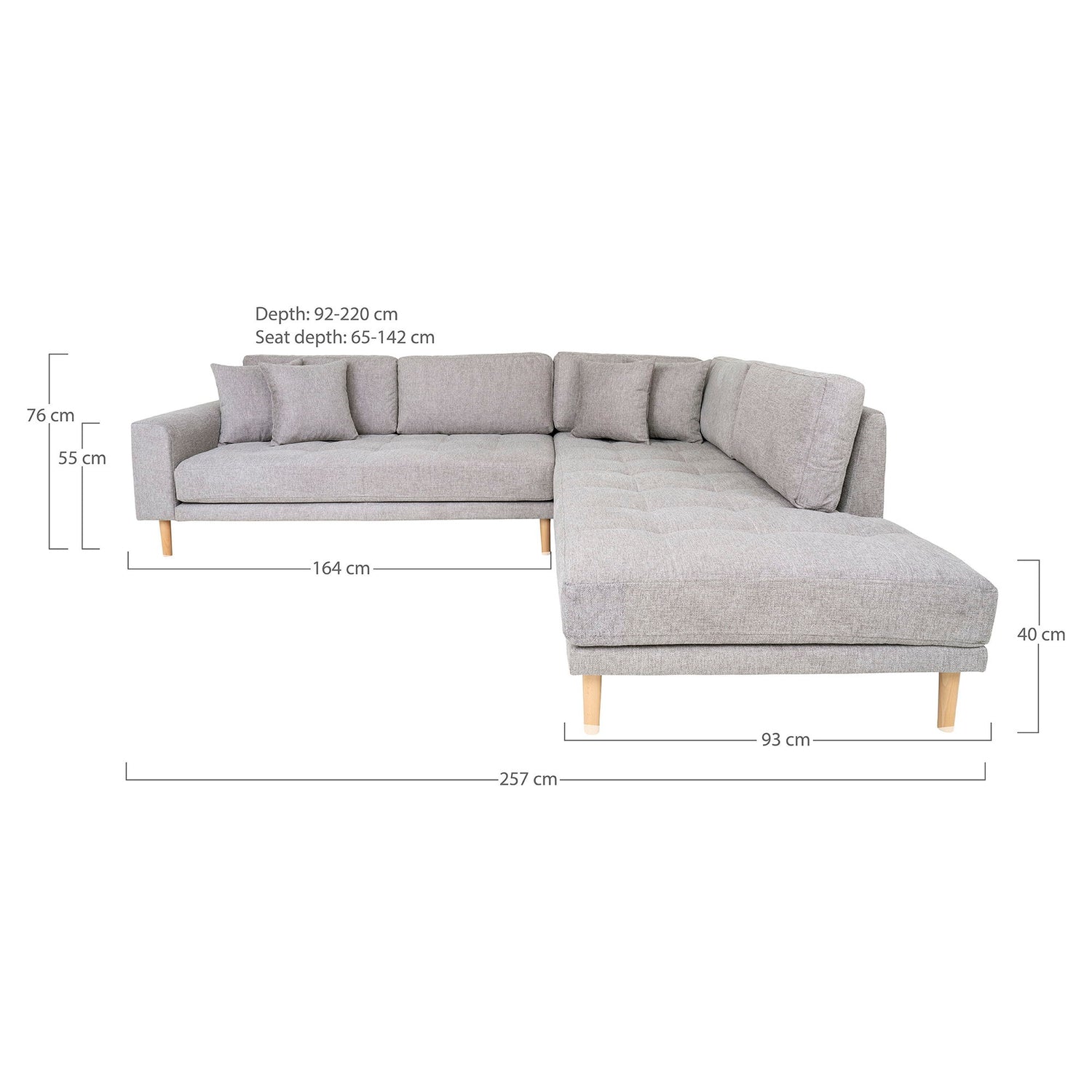 Lido Corner sofa Open End - Corner sofa Open End, right -wing in light gray with four pillows and nature wooden legs, HN1040