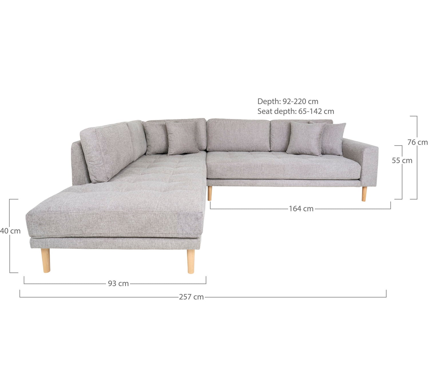 Lido Corner sofa Open End - Corner sofa Open End, left -wing in light gray with four pillows and nature wooden legs, HN1040