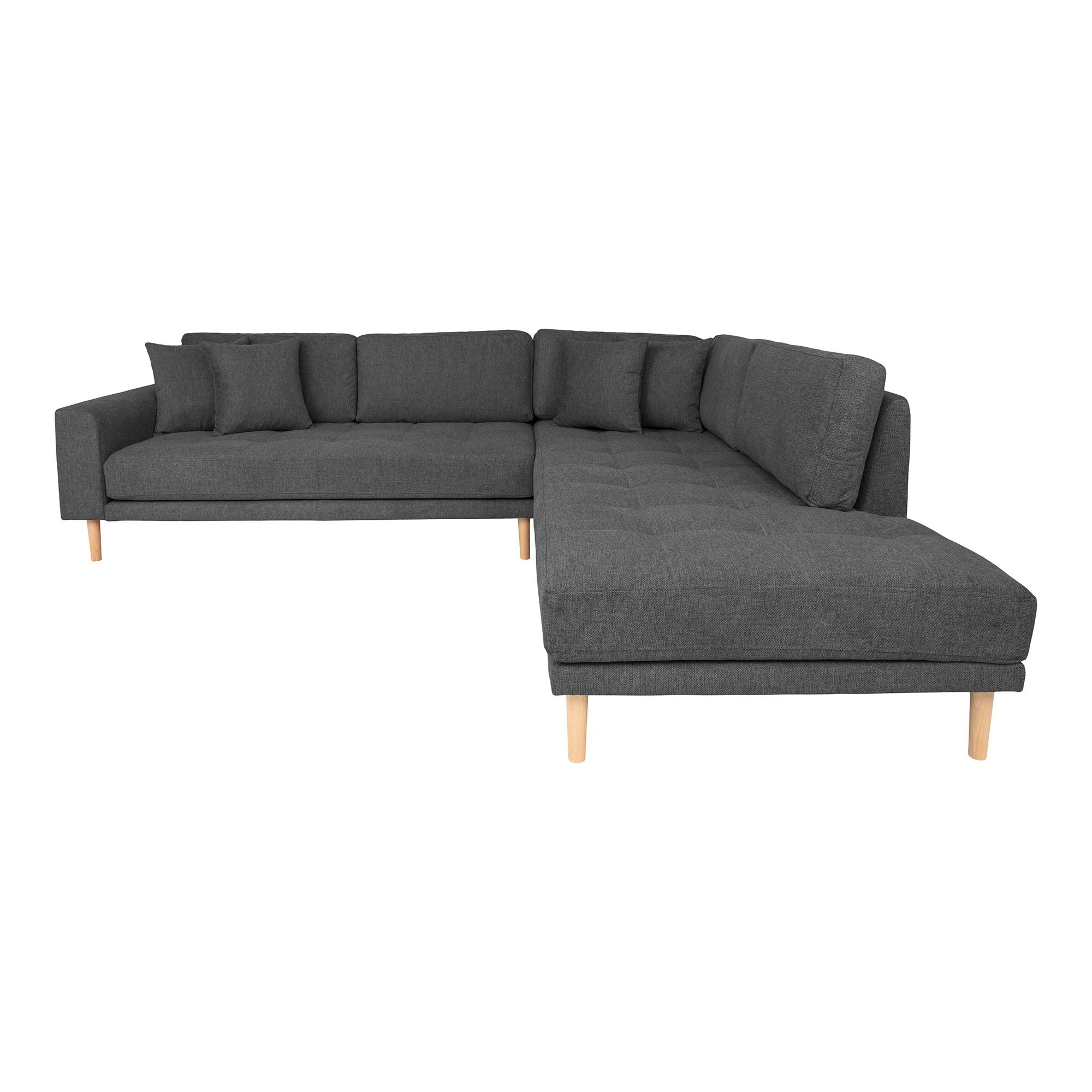 Lido Corner sofa Open End - Corner sofa Open End, left -wing in light gray with four pillows and nature wooden legs, HN1040