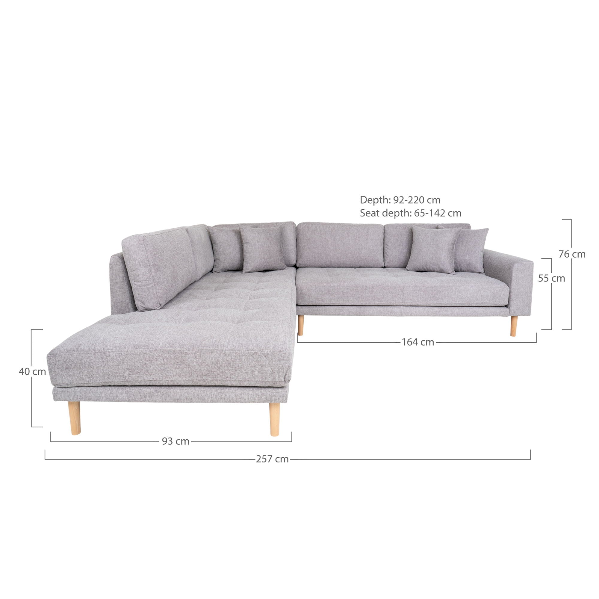 Lido Corner sofa Open End - Corner sofa Open End, left -wing in light gray with four pillows and nature wooden legs, HN1040