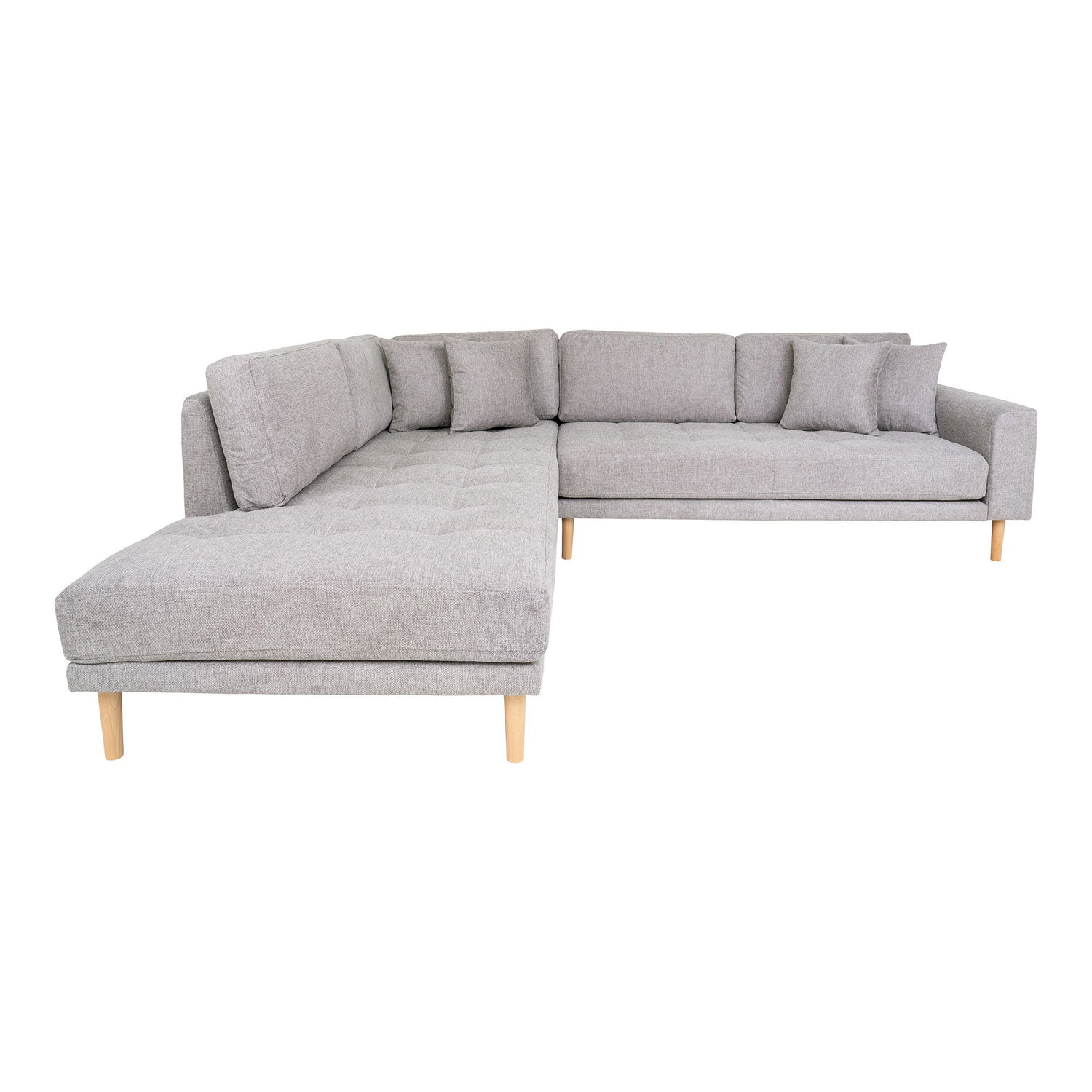 Lido Corner sofa Open End - Corner sofa Open End, left -wing in light gray with four pillows and nature wooden legs, HN1040