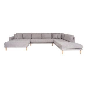 Lido U-Sofa Open End-U-Sofa Open End, left-wing in light gray with four pillows and nature wooden legs, HN1040