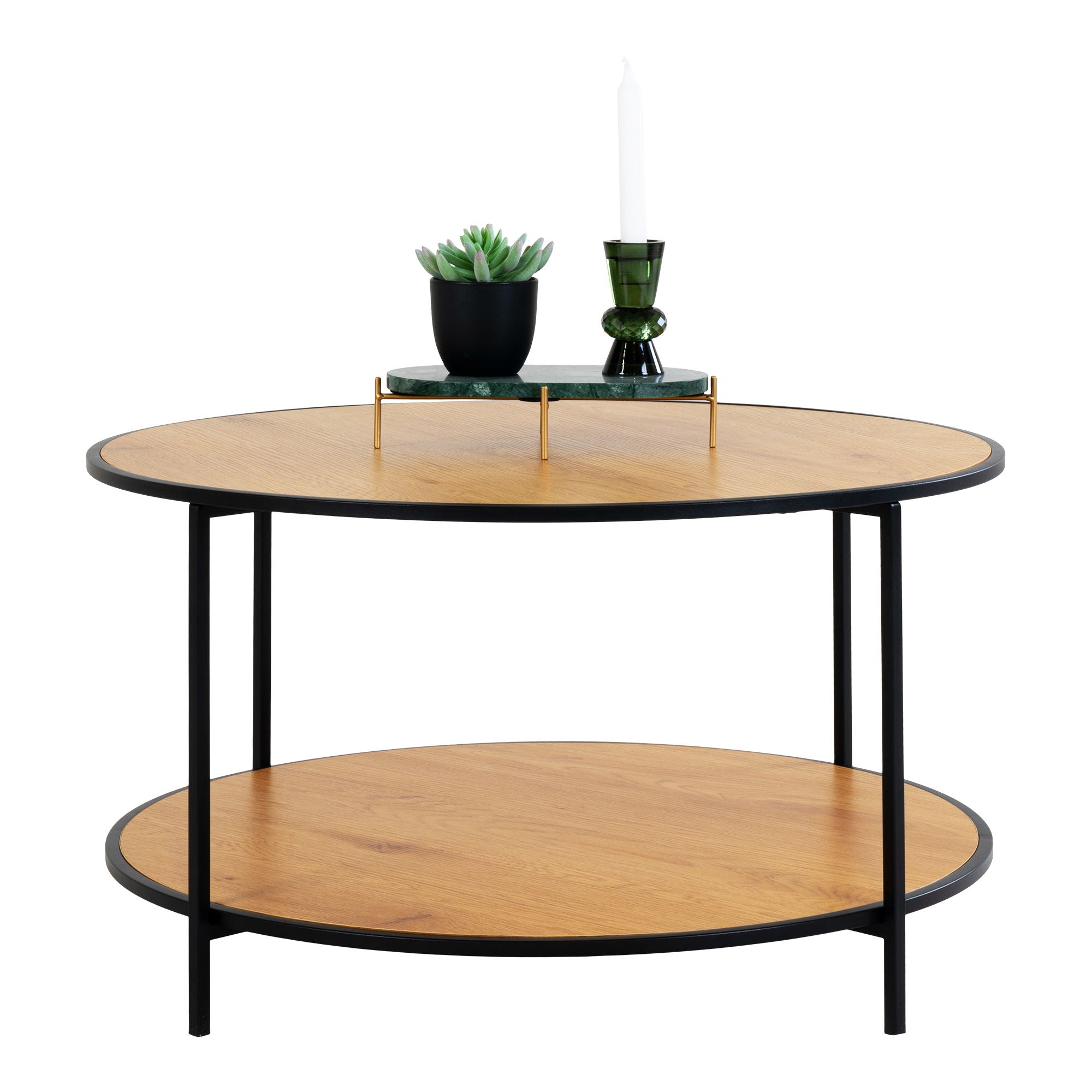 Vita Coffee Table - Coffee table, oak look with black frame Ø80x45 cm