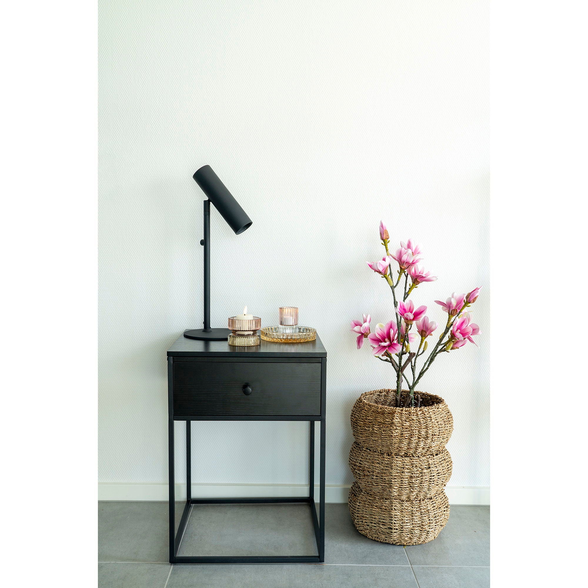 Vita Corner Table - Corner Table, 1 Drawer, Black with Black Frame 40x40x55 cm