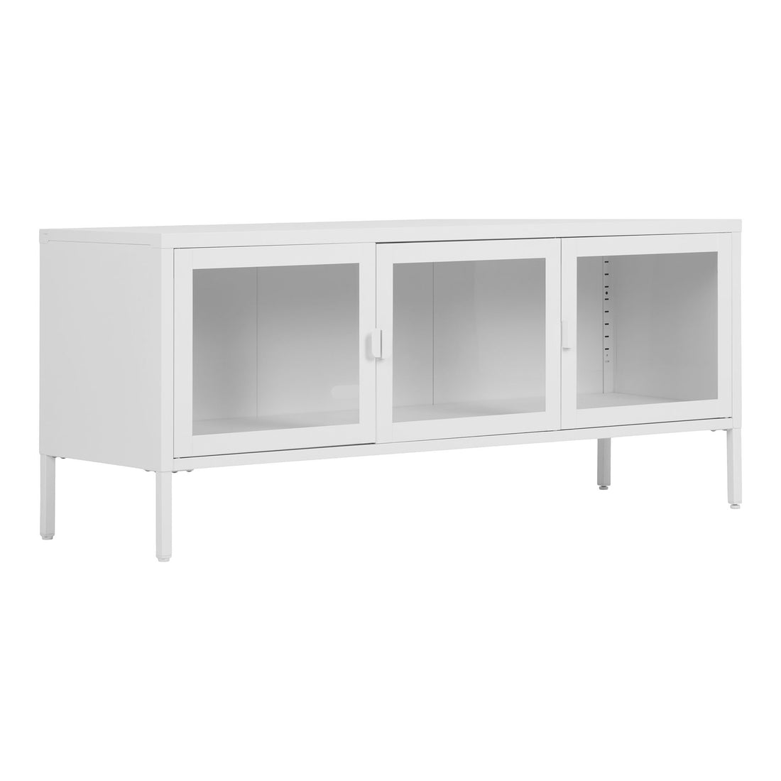 Brisbane TV bench-TV bench, 3 glass doors, steel, white 130x40x55 cm