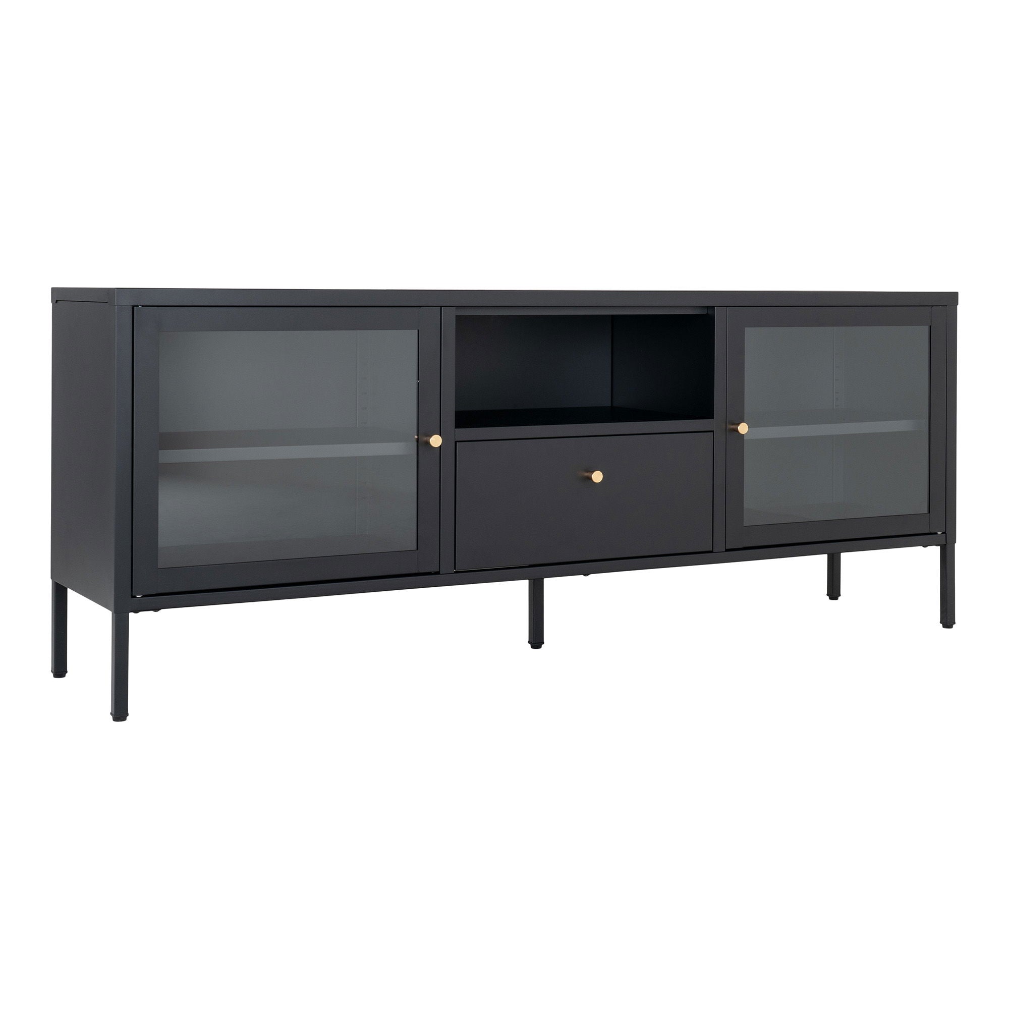 Dalby TV bench-TV bench, black with glass doors and drawer