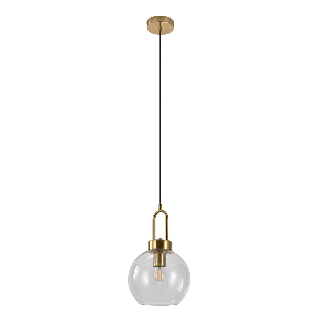 Luton pendant - pendant in clear glass, brass colored socket, spherical, Ø25 cm, 150 cm fabric cord