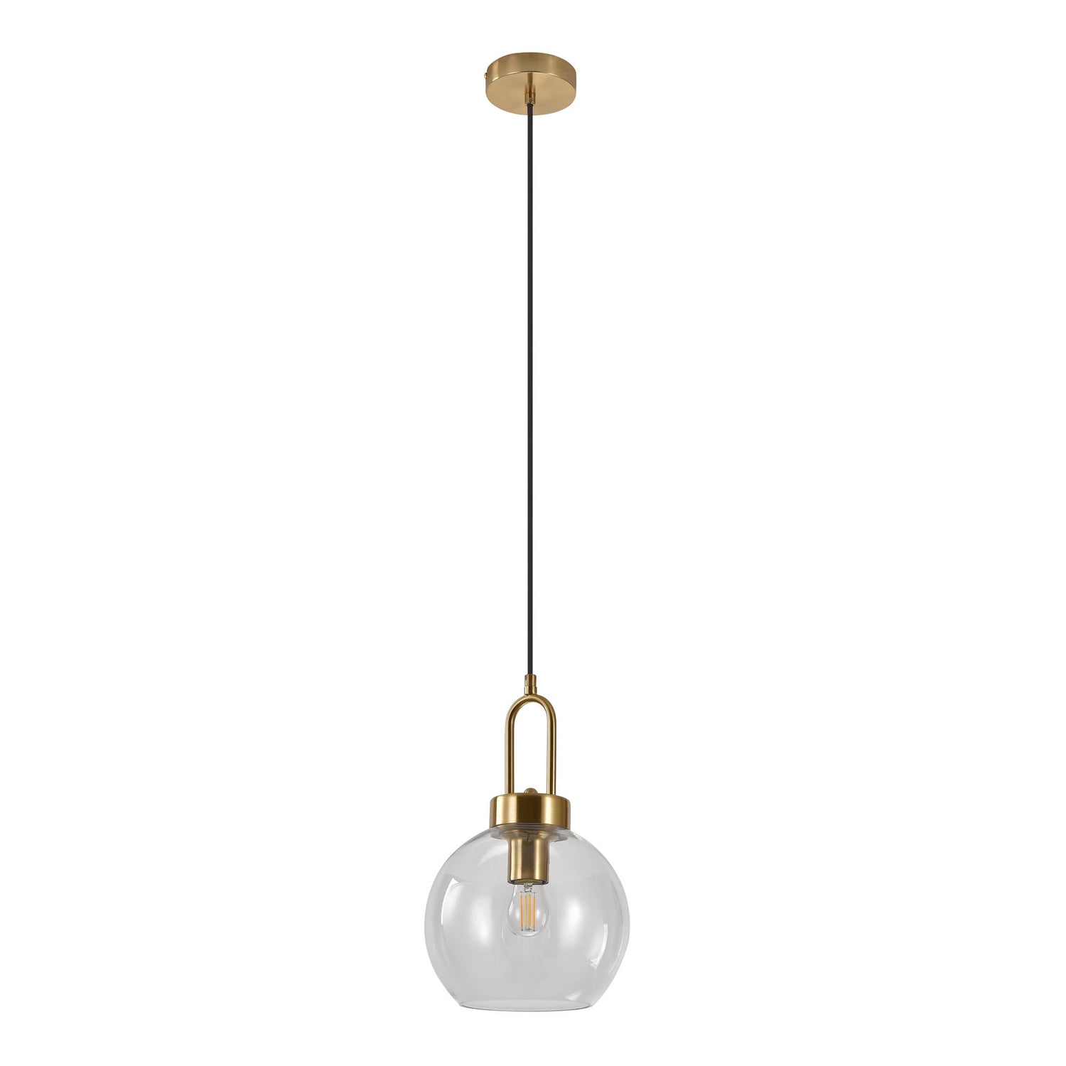 Luton pendant - pendant in clear glass, brass colored socket, spherical, Ø25 cm, 150 cm fabric cord