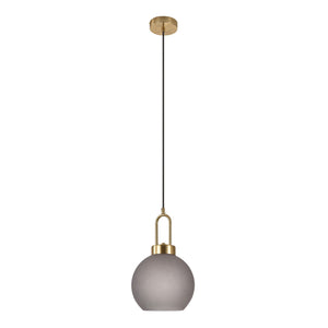 Luton pendant - pendant in matte smokey glass, brass colored socket, spherical, Ø25 cm, 150 cm fabric cord