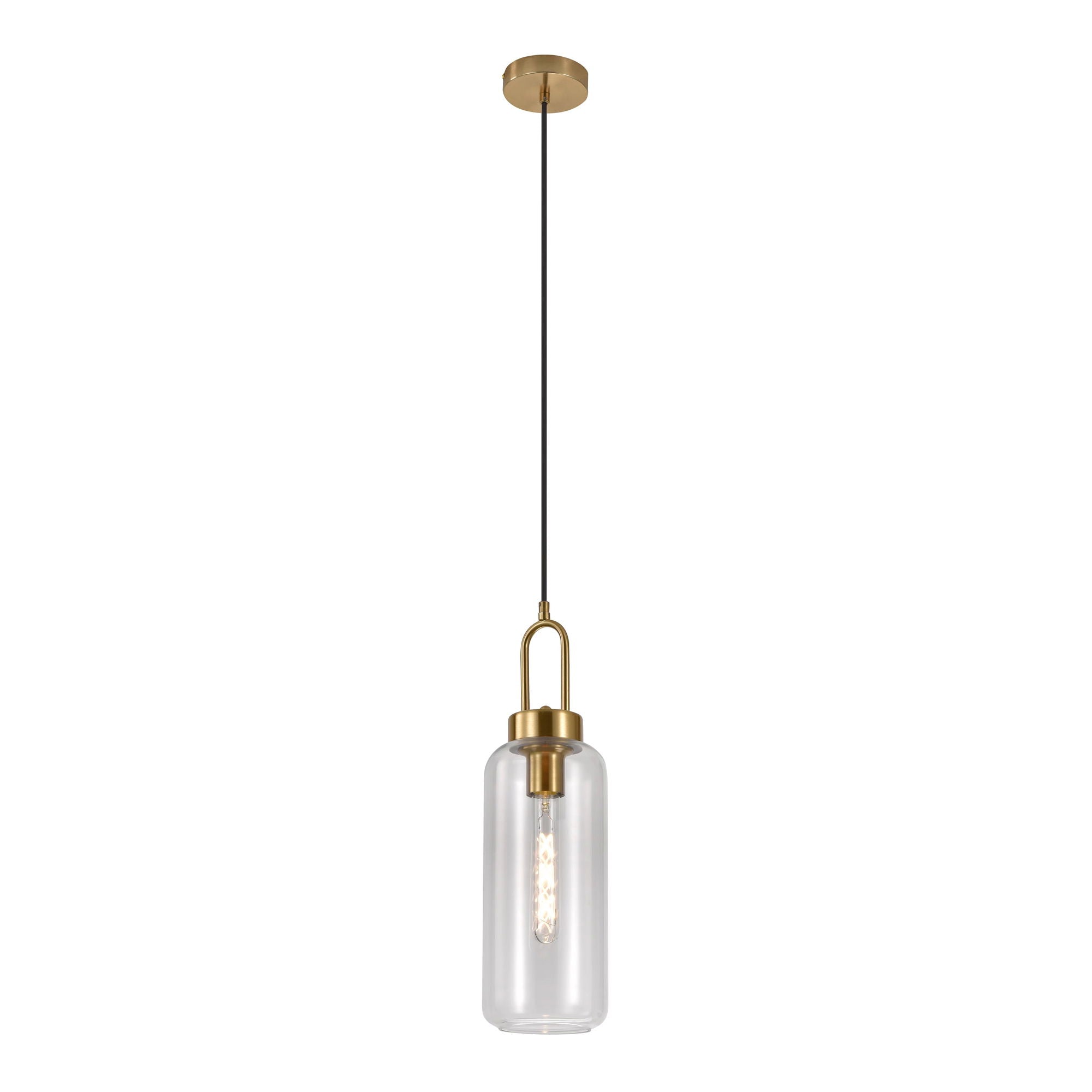 Luton pendant - pendant in clear glass, brass colored socket, cylinder shaped, Ø13 cm, 150 cm fabric cord