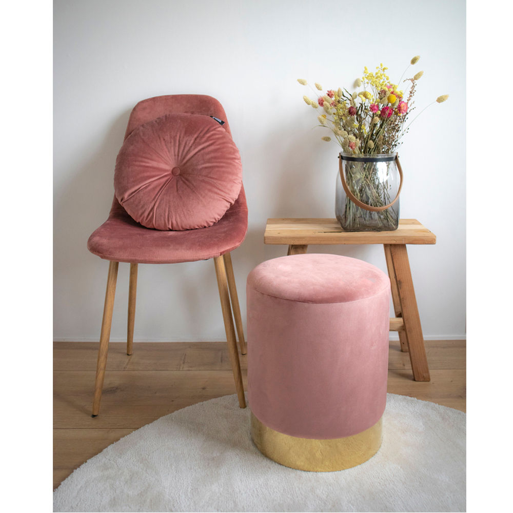 Gamby Puf - Puf i velour, rosa med messing farvet kant, HN1214, Ø34x43 cm - House Nordic - DesignGaragen.dk