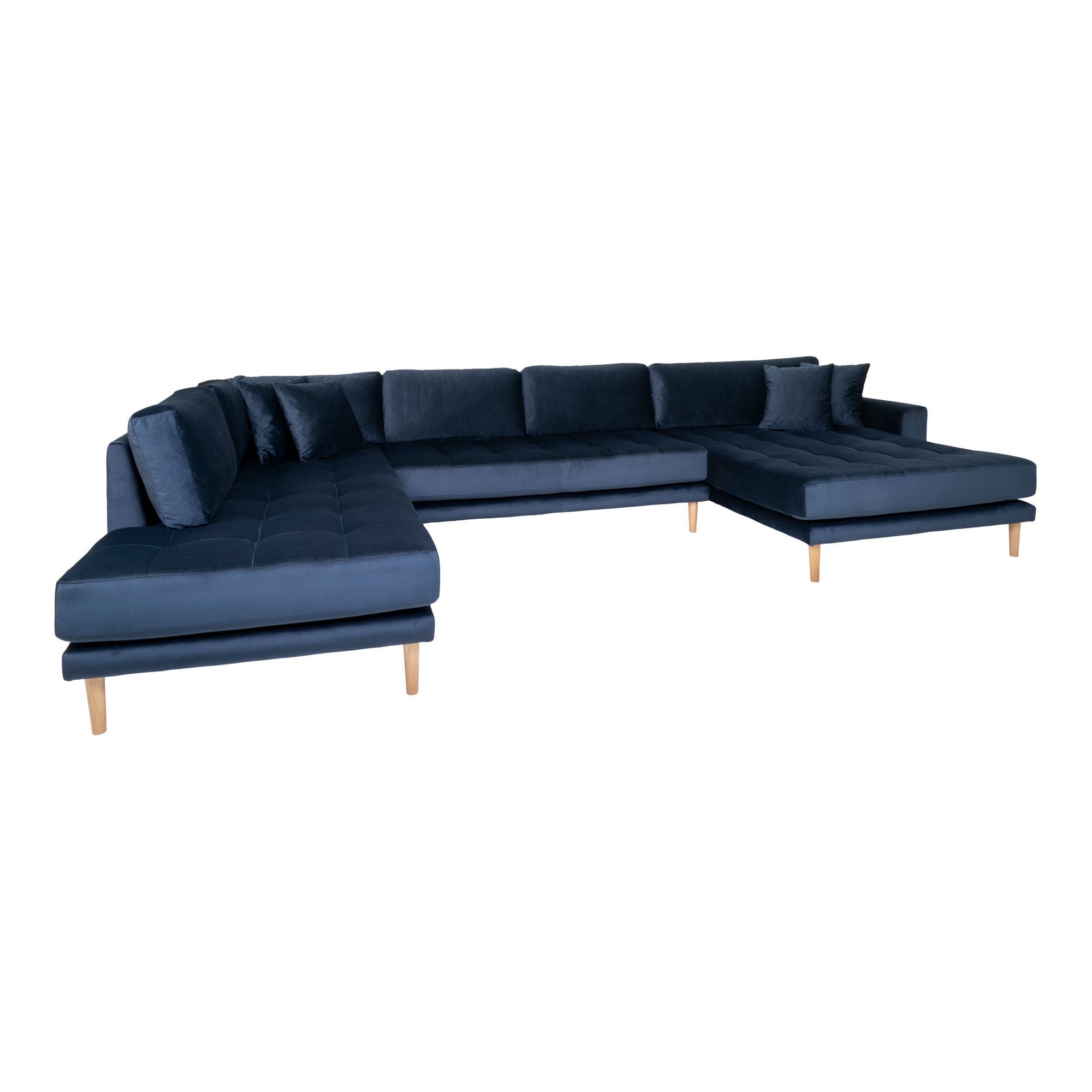 Lido U-Sofa Open End-U-sofa Open End, right-wing in dark blue velor with four pillows and nature wooden legs, HN1005